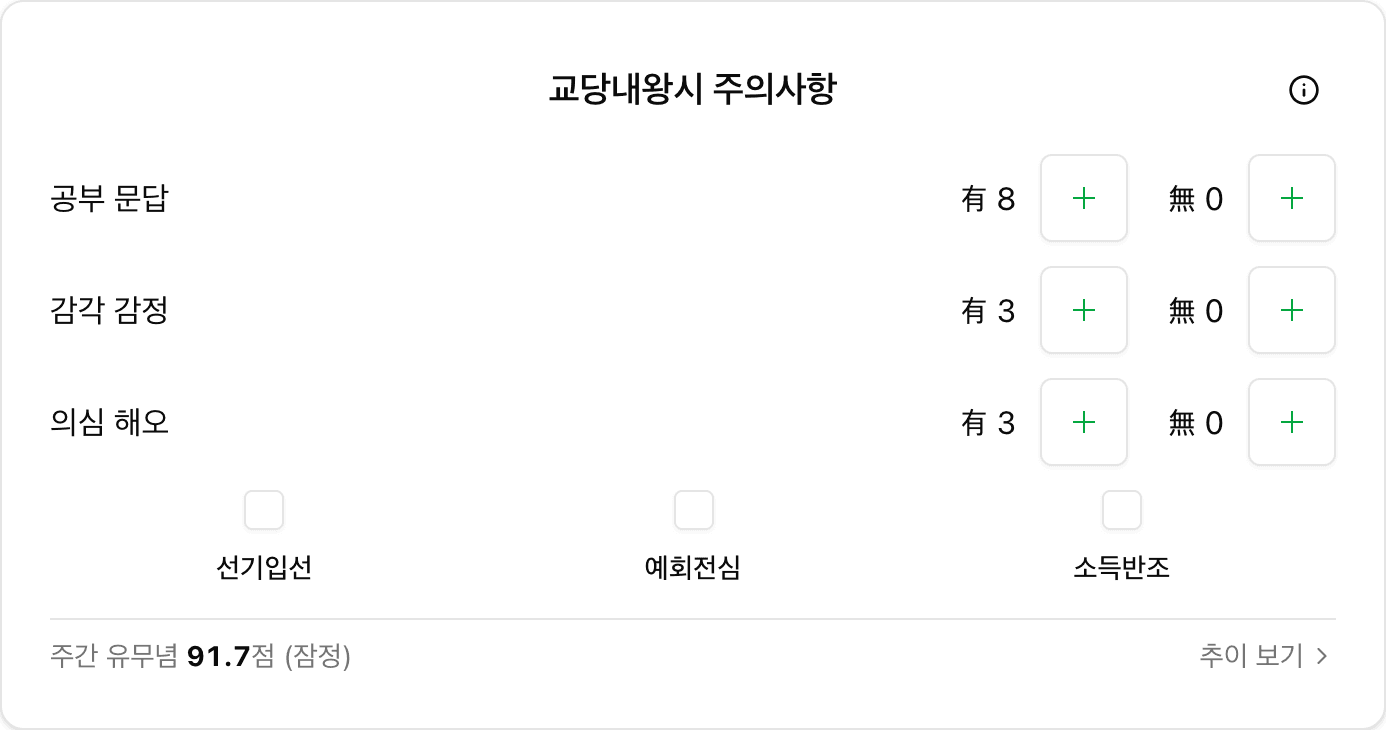 교당내왕시 주의사항 입력 카드 — 공부 문답·감각 감정·의심 해오의 유념·무념 번수를 기록