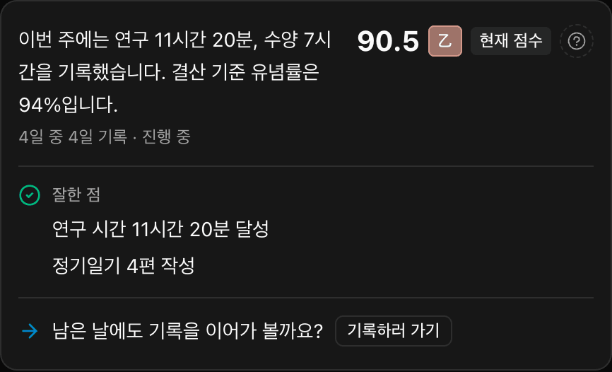 이번 주 요약 — 연구·수양 시간과 결산 기준 유념률, 잘한 점